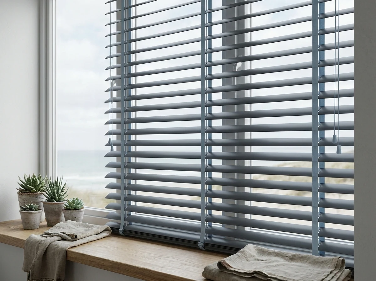 Slim sealed-finish aluminium venetian blind with tilted slats in a Clifton beach-bungalow window