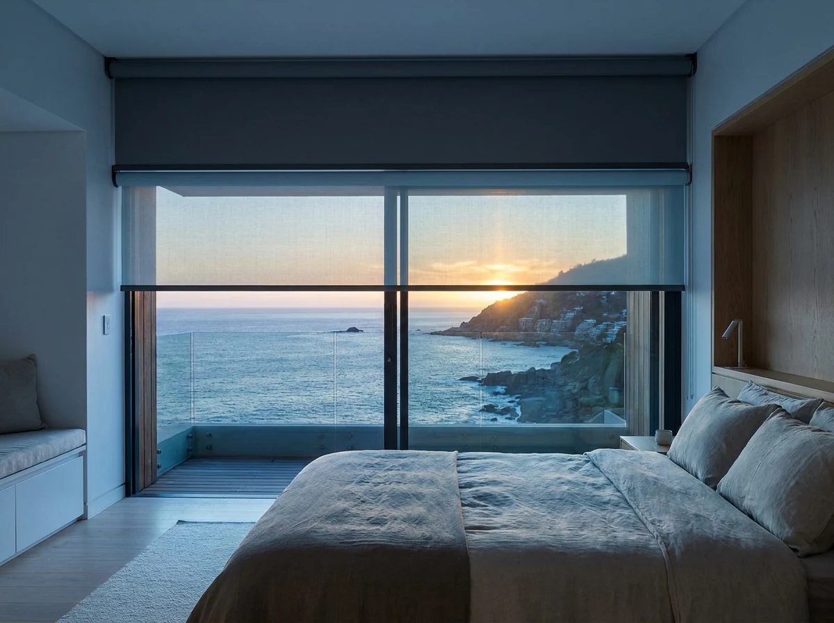 Double roller blind pairing blockout and sunscreen fabric on one bracket in a Clifton bedroom