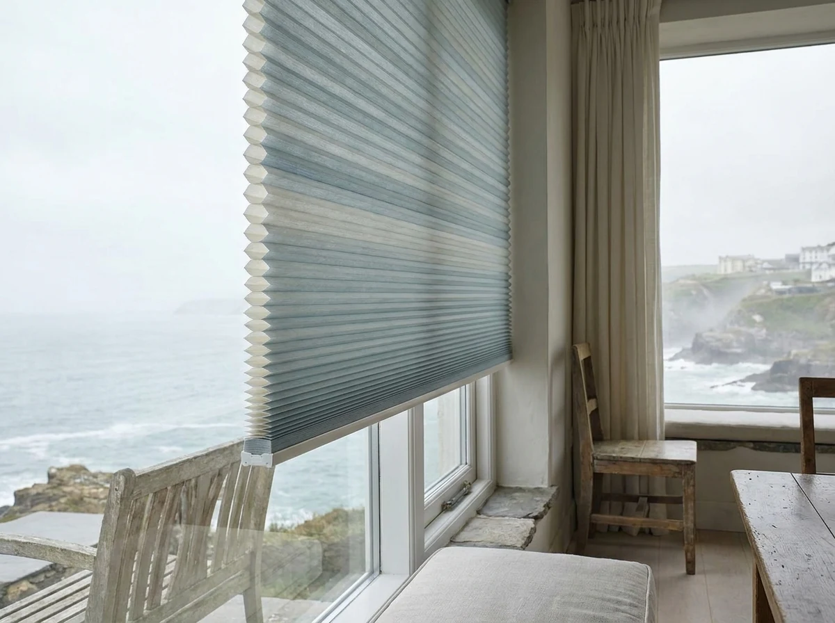 Cellular honeycomb blind with visible hexagonal fabric cells lowered over a Clifton window