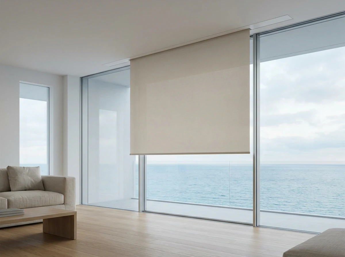 Concealed ceiling-recessed blind box with fabric dropping cleanly across a Clifton window