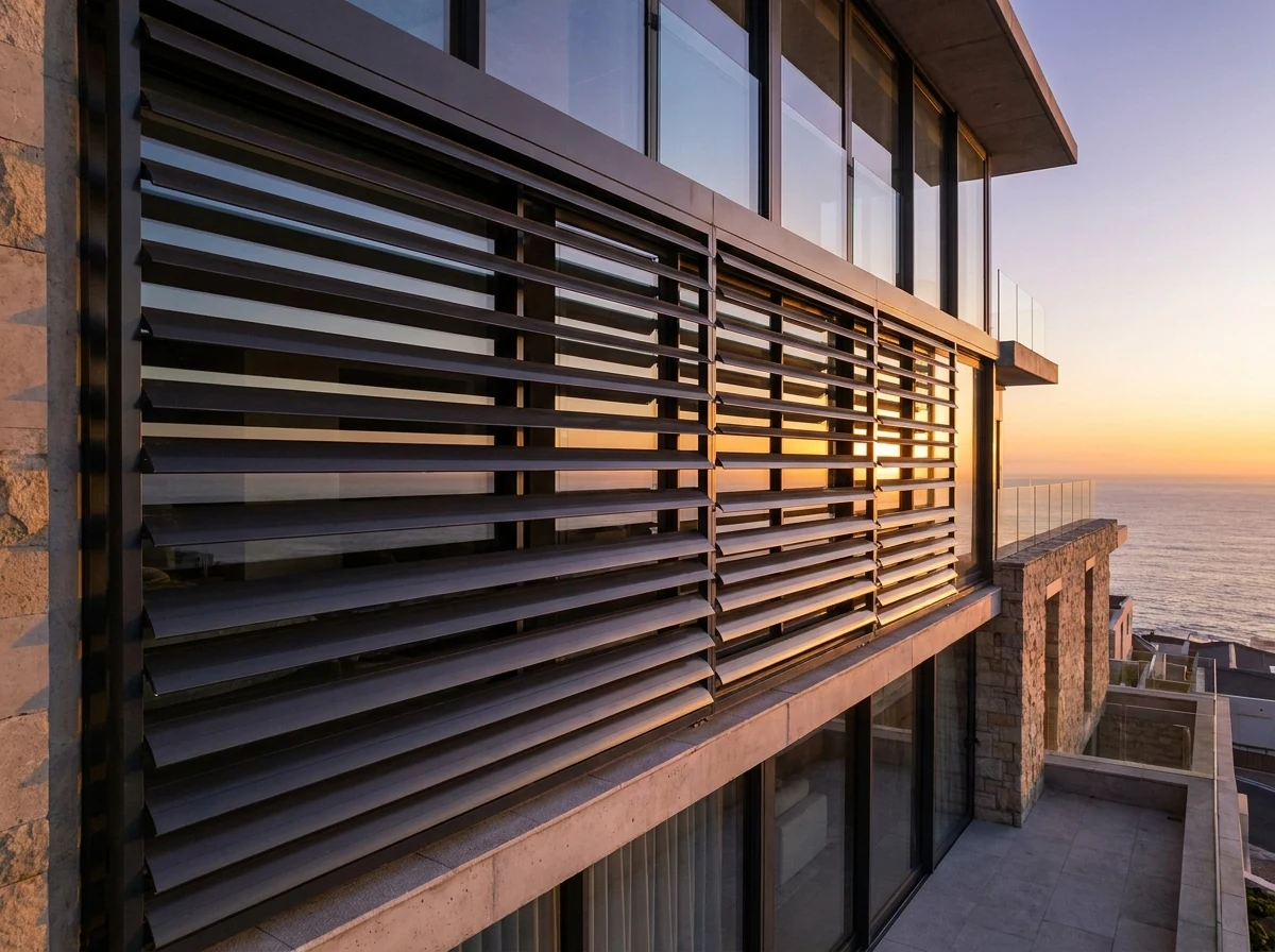 Wide aluminium external venetian blind slats mounted outside a west-facing Clifton facade at sunset
