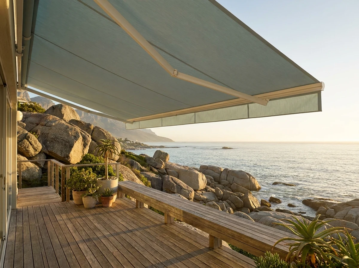 Folding-arm fabric awning extended over a Clifton deck above the Atlantic and granite boulders