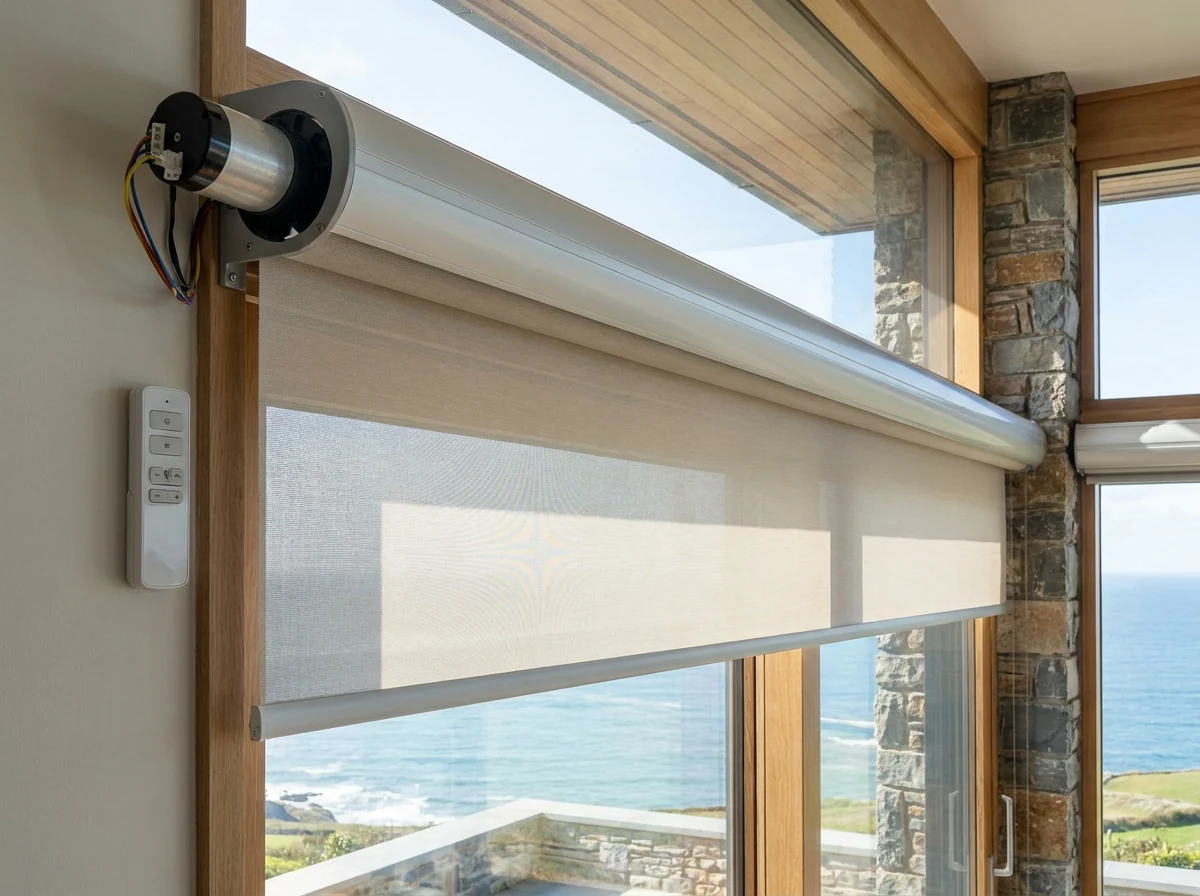 Motorised roller blind tube with a wall-mounted remote control in a wide Clifton window