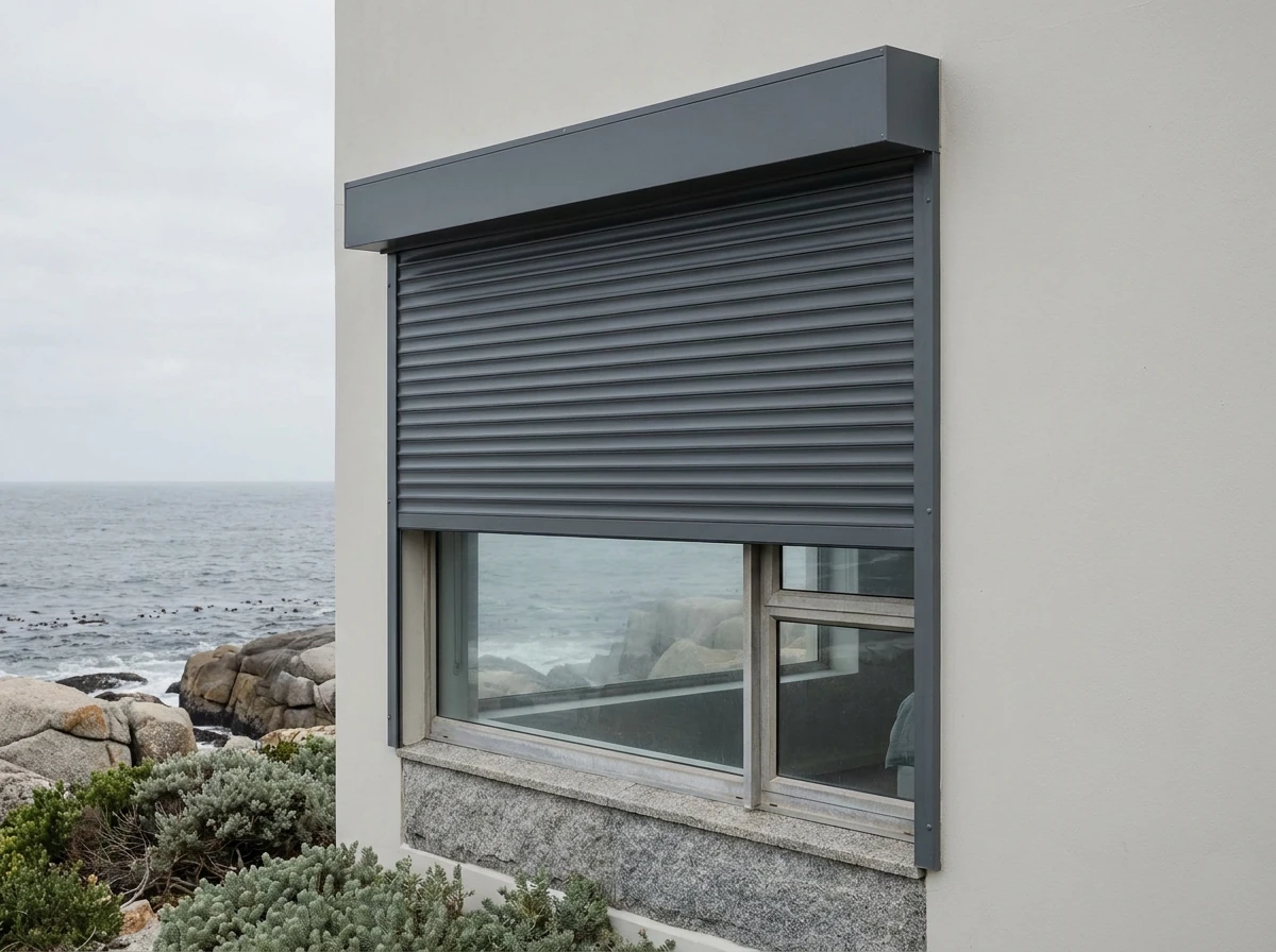 Charcoal external roller shutter running half-way down its side guides outside a sea-facing Clifton window