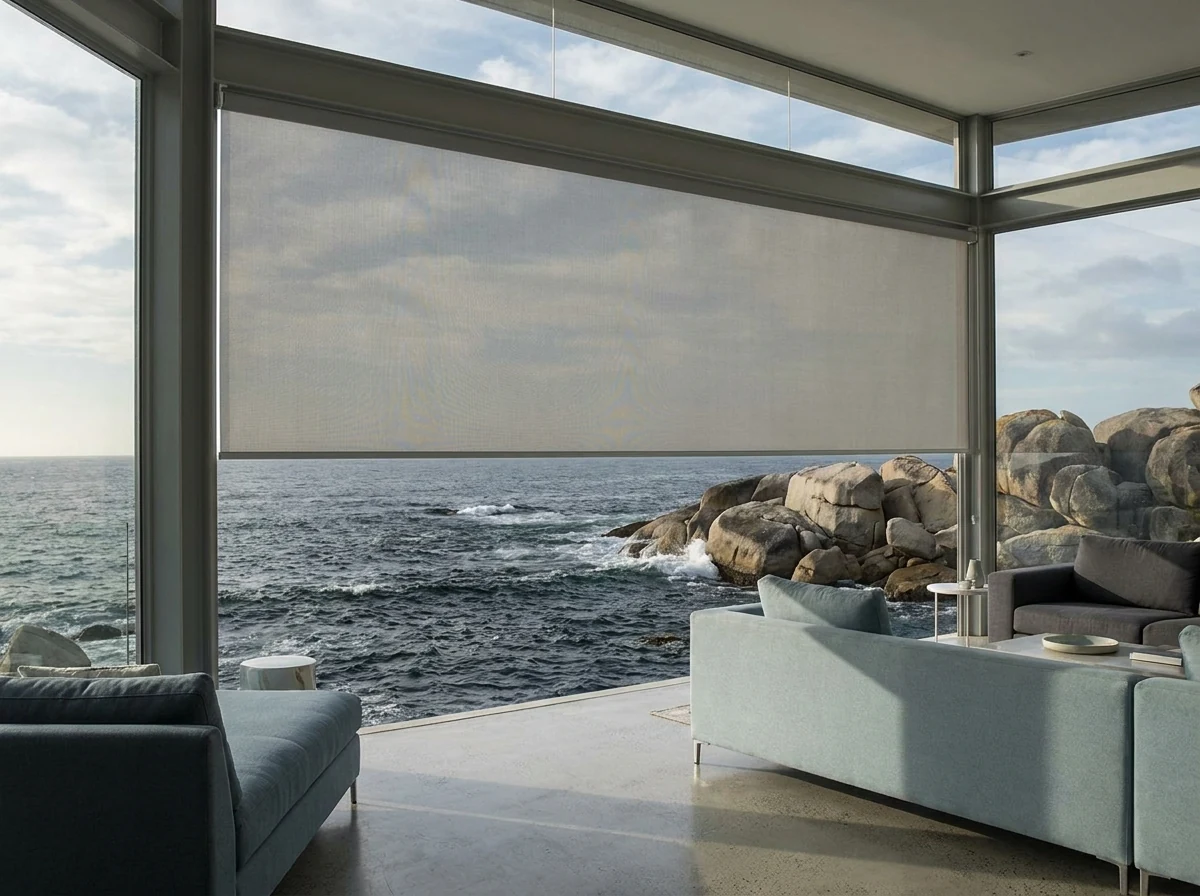 Flat sunscreen mesh roller blind lowered across a floor-to-ceiling window in a Clifton lounge, Atlantic Ocean beyond