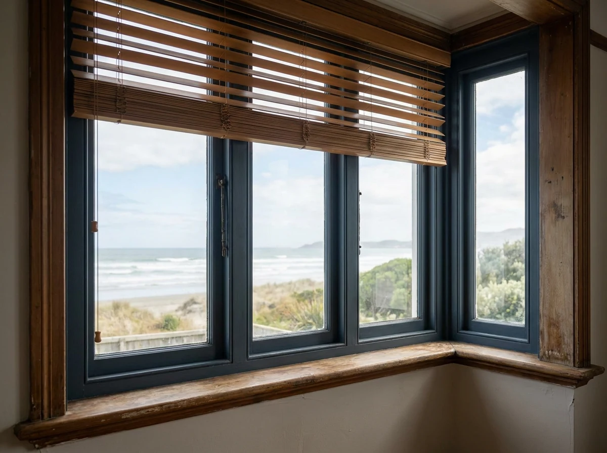 Wide timber venetian blind slats in a restored 1920s-30s Clifton beach bungalow window