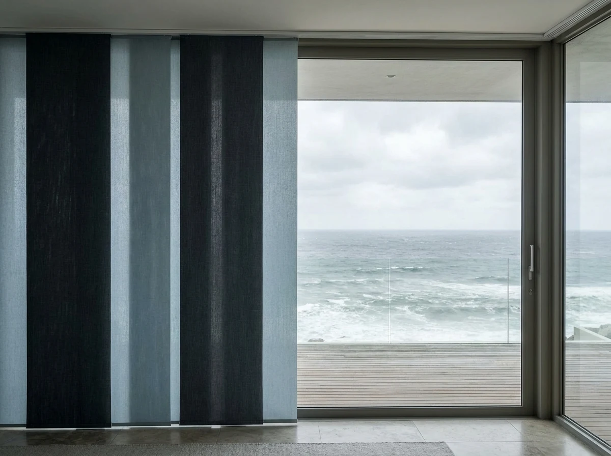 Vertical panel blind vanes beside a wide sliding glass door in a Clifton villa