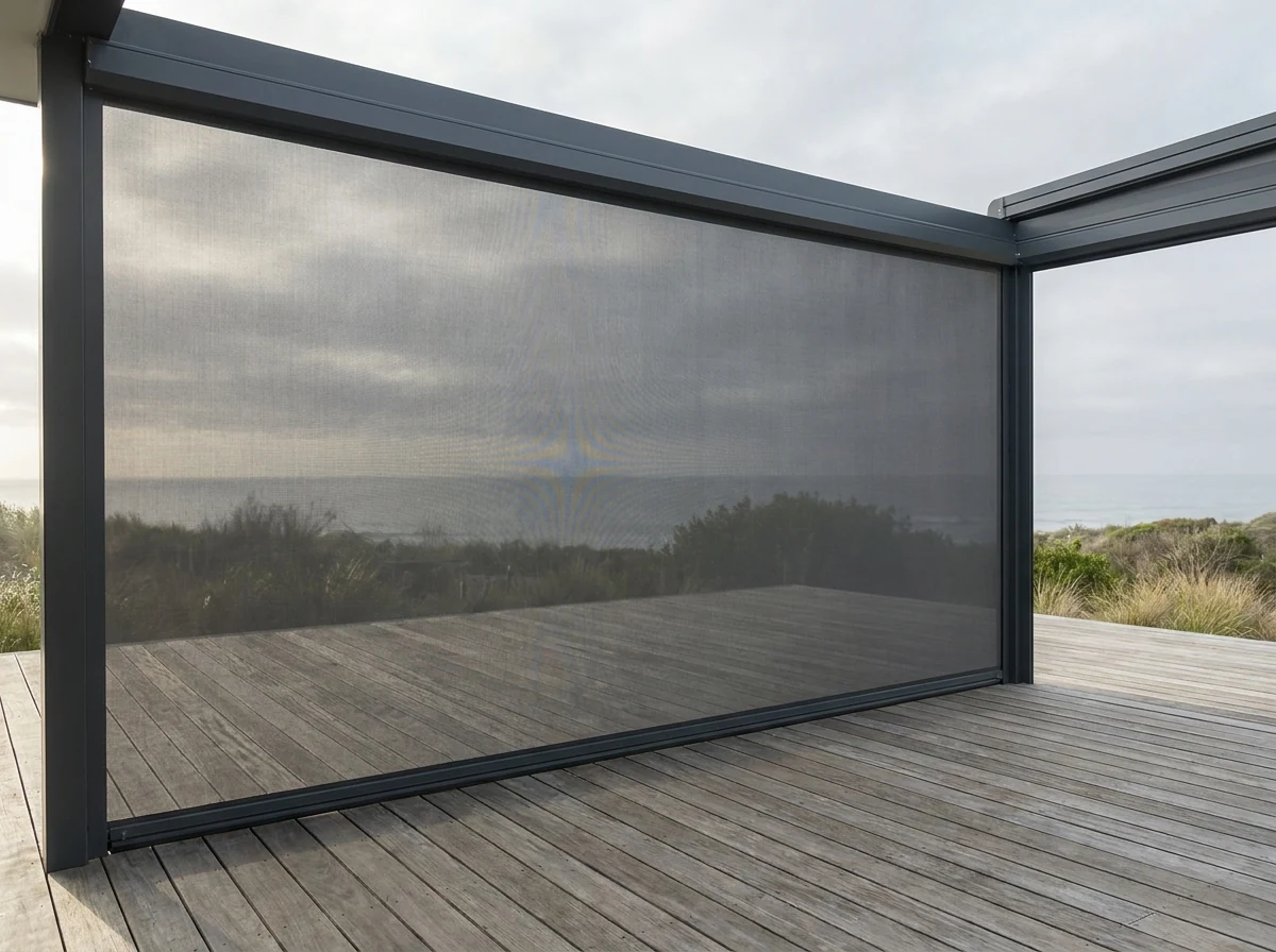 Zip screen mesh held taut in zipped side channels over an exposed Clifton deck