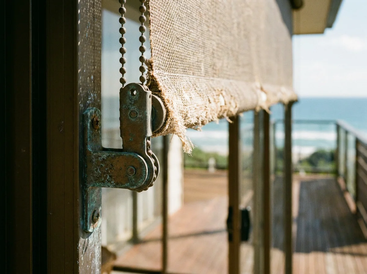 Close-up detail of roller blind chain tensioner and fabric edge on a Bantry Bay balcony door