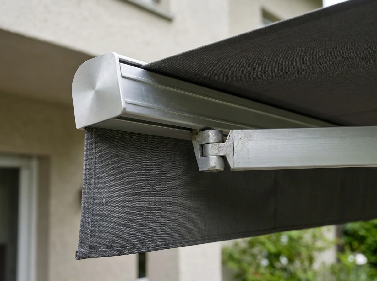 Cassette housing, arm joint and fabric edge of a folding-arm awning fixed to a Clifton wall