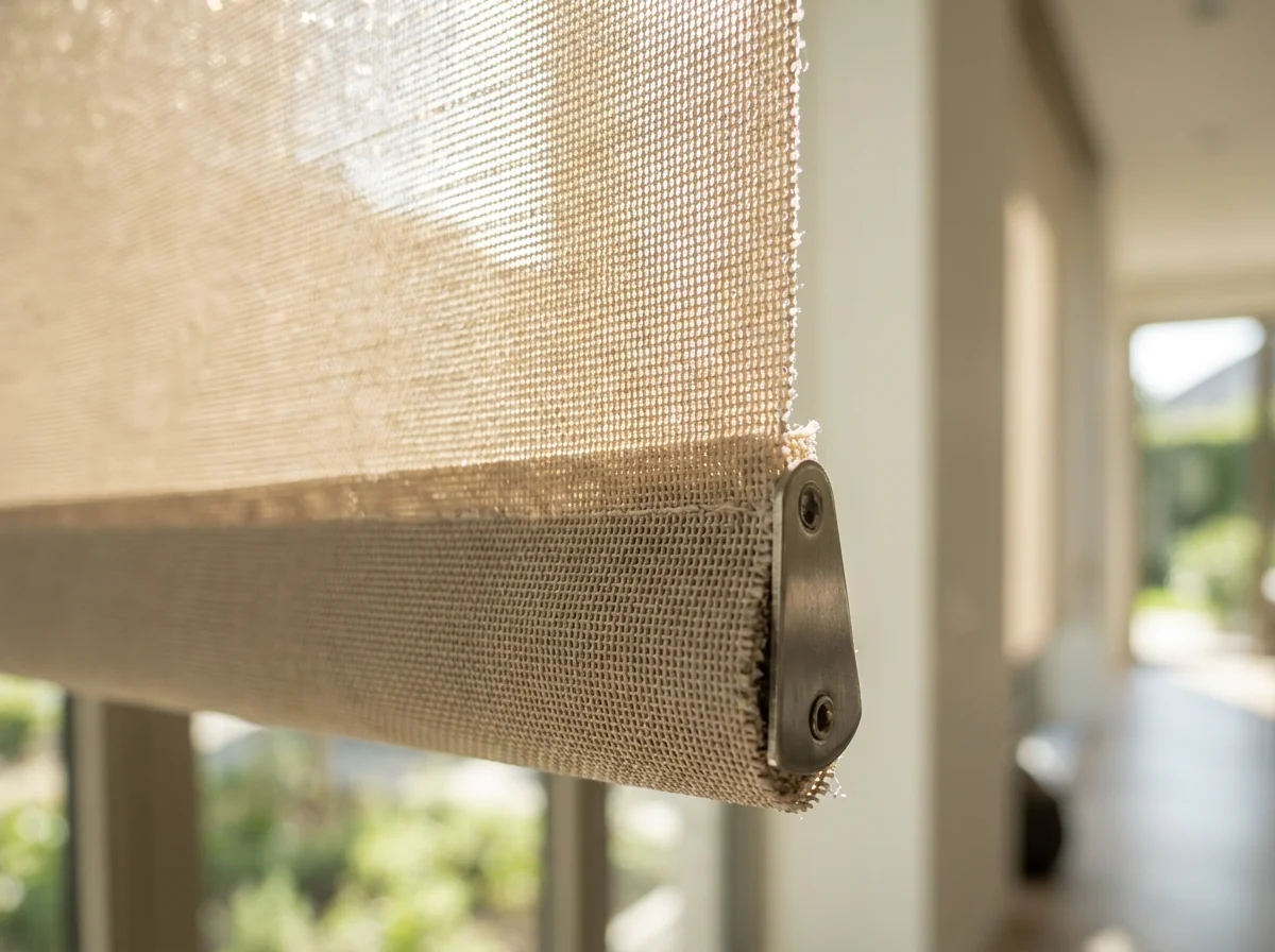 Weave of a sunscreen roller blind and its chain tensioner at a Clifton window