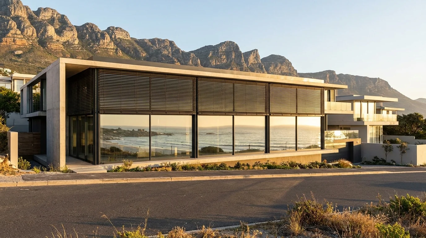 Beachfront home in Camps Bay, Cape Town with external venetian blinds shading west-facing glass