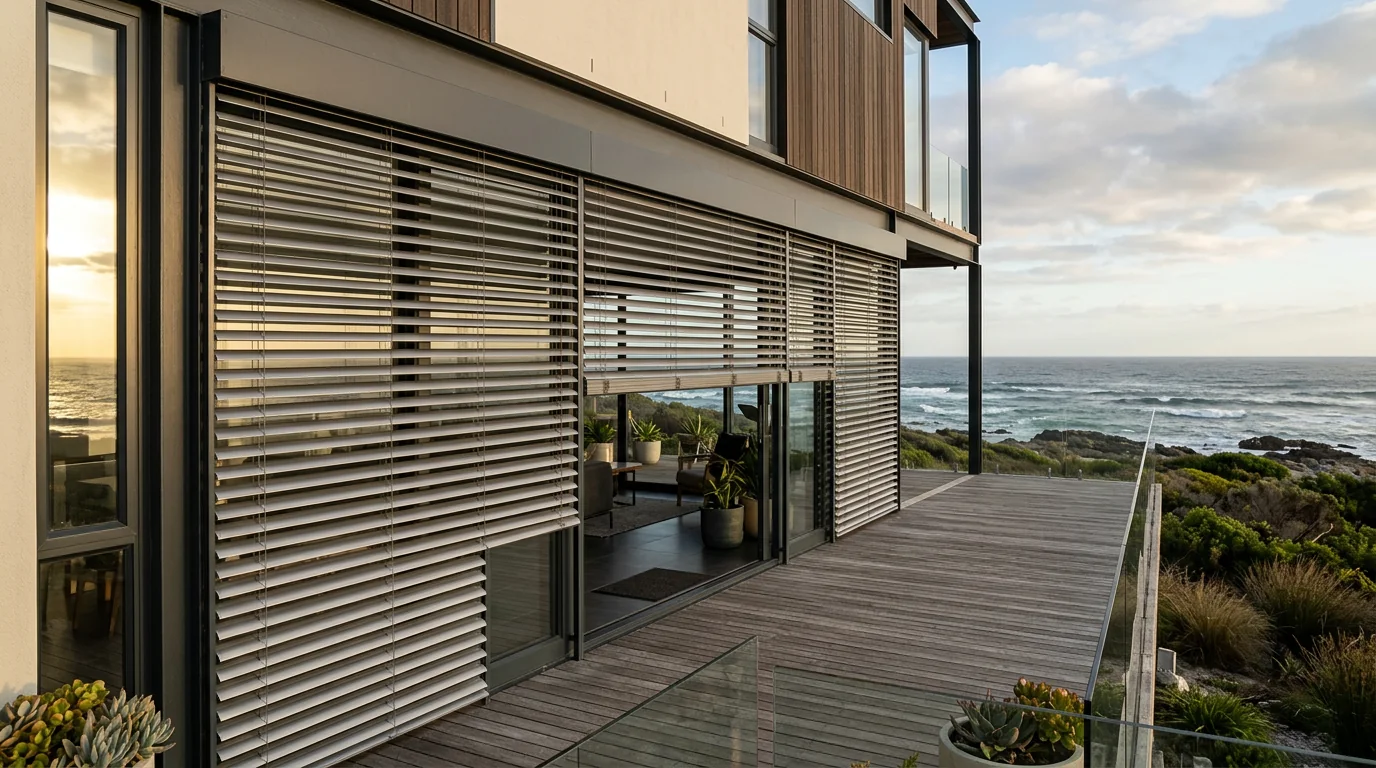 Facade of a Clifton home with external venetian blinds mounted outside its floor-to-ceiling glass at sunset