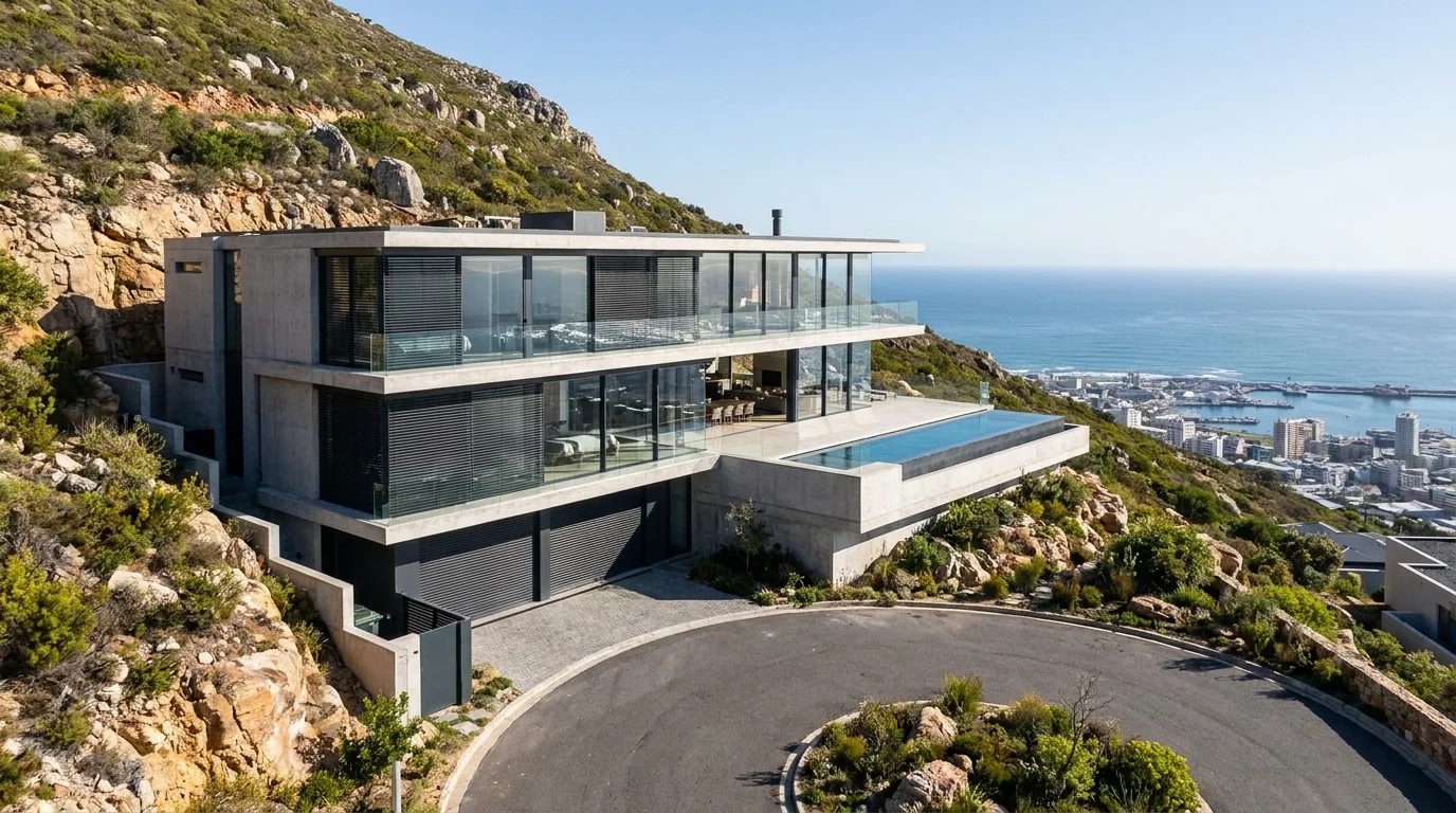 Glass-fronted Fresnaye home stepped down the slope of Lion's Head above the bay