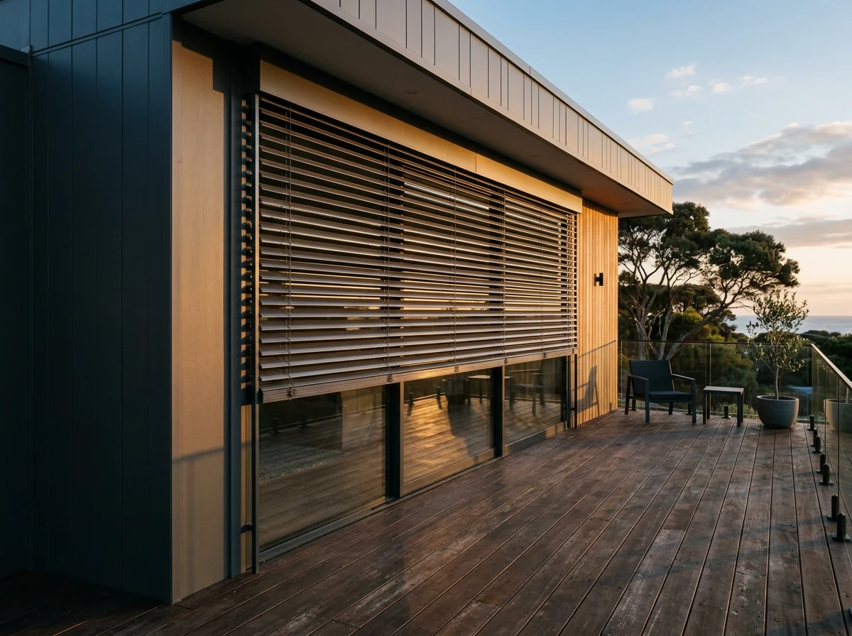 Aluminium external venetian slats fitted outside a glass wall behind a Clifton deck