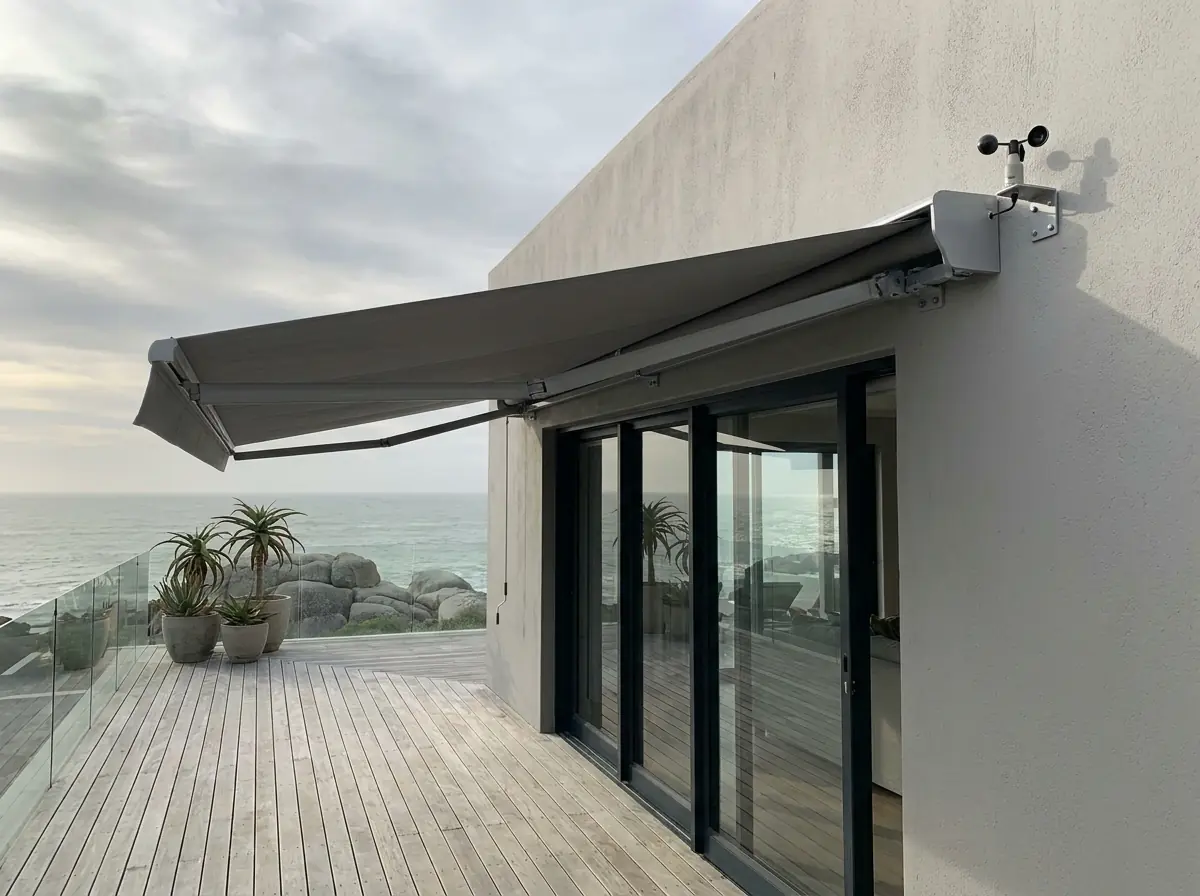 Cup wind sensor beside the wall-mounted cassette of a folding-arm awning extended over a Clifton deck