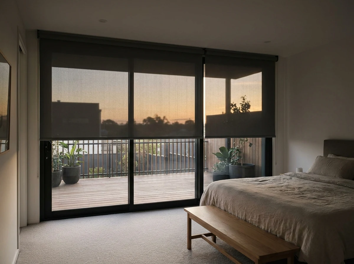Sunscreen roller blinds lowered over the sliding doors of a Clifton bedroom opening onto a deck