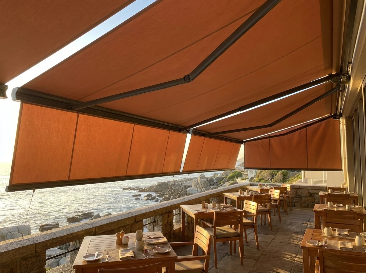 Folding-arm fabric awning fully extended shading a Clifton dining terrace
