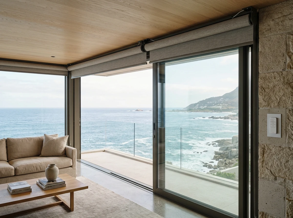 Wall-mounted blind remote control and motorised roller tube above a Clifton sliding door