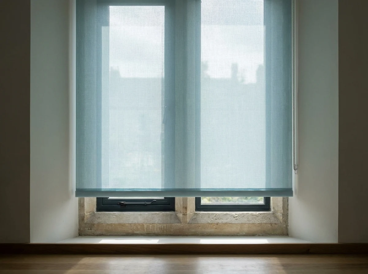 Pair of sunscreen roller blinds lowered inside the deep reveal of an older Clifton window