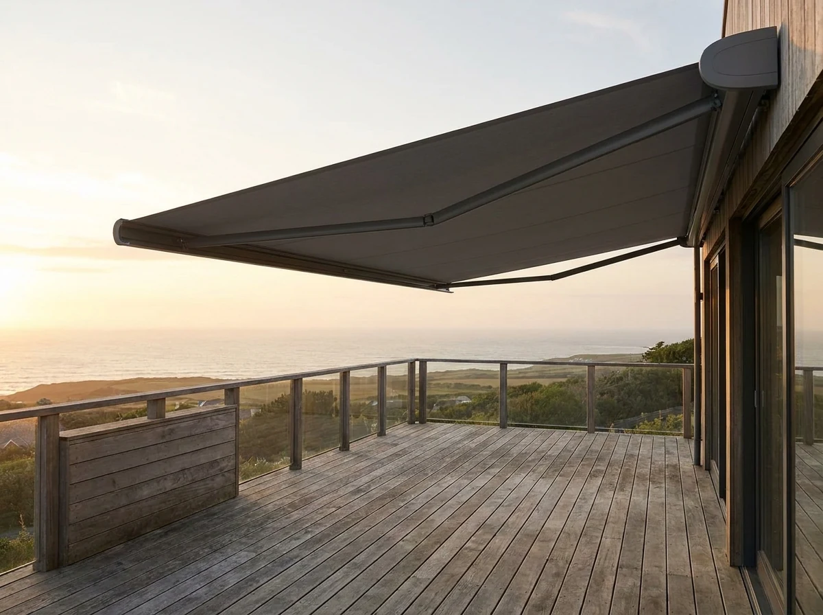 Folding-arm awning run out from its wall cassette across a Clifton deck in early light