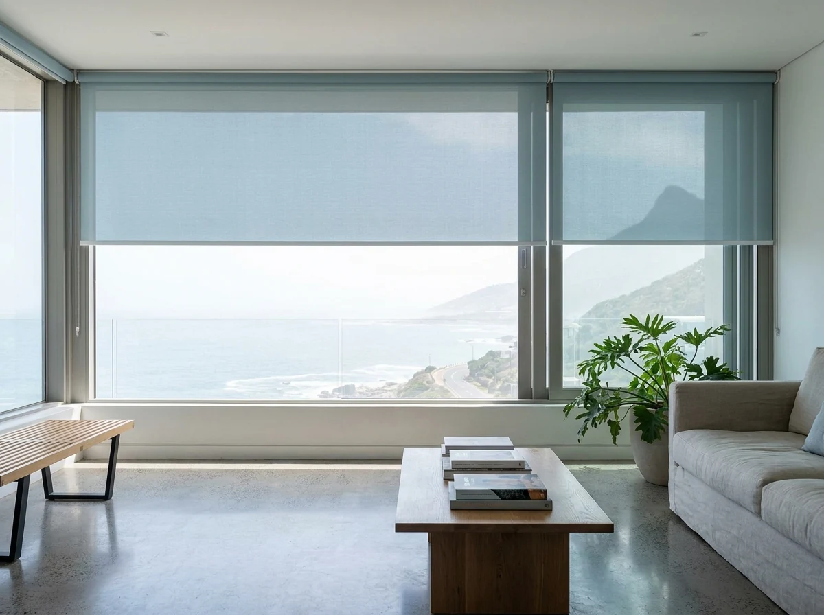 Flat sunscreen roller blind partly lowered across a wide Clifton living room window