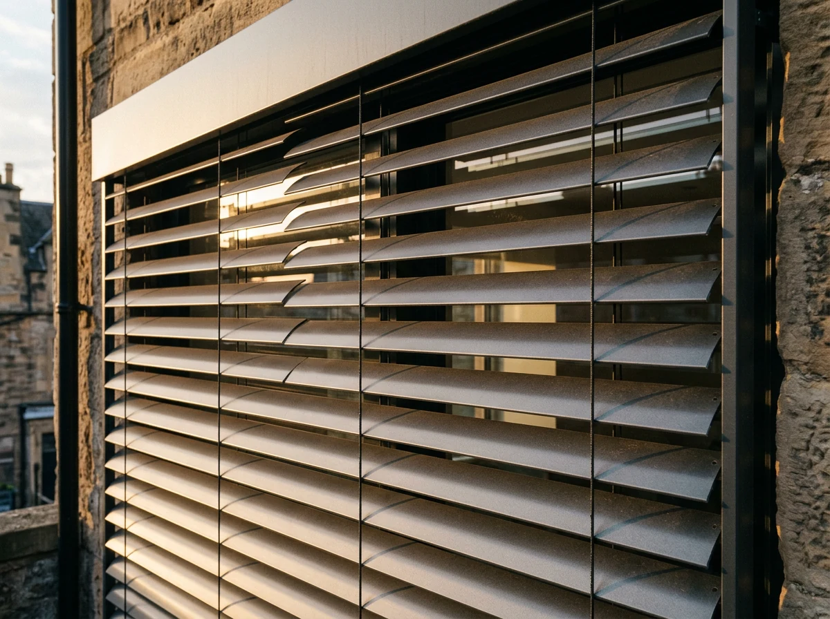 Wide aluminium external venetian blind slats mounted outside a Clifton facade window