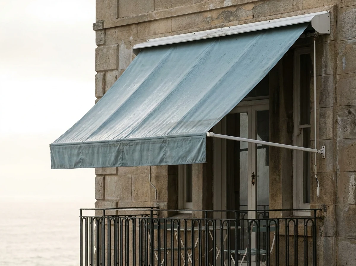 Fabric awning angled out from a stone wall above a balcony door on a Clifton stand