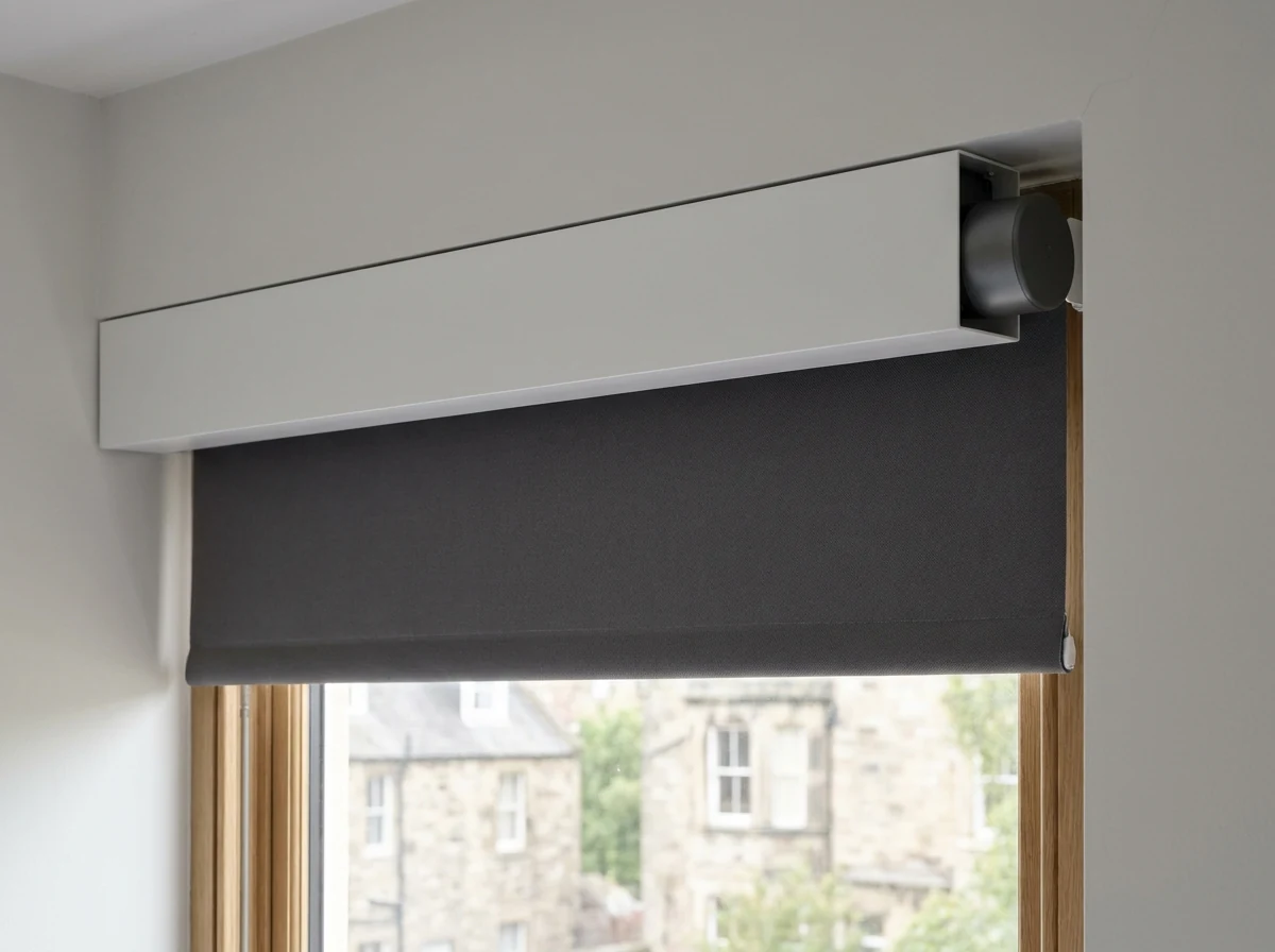 Blockout roller blind dropping from a slim white headbox above a Clifton bedroom window