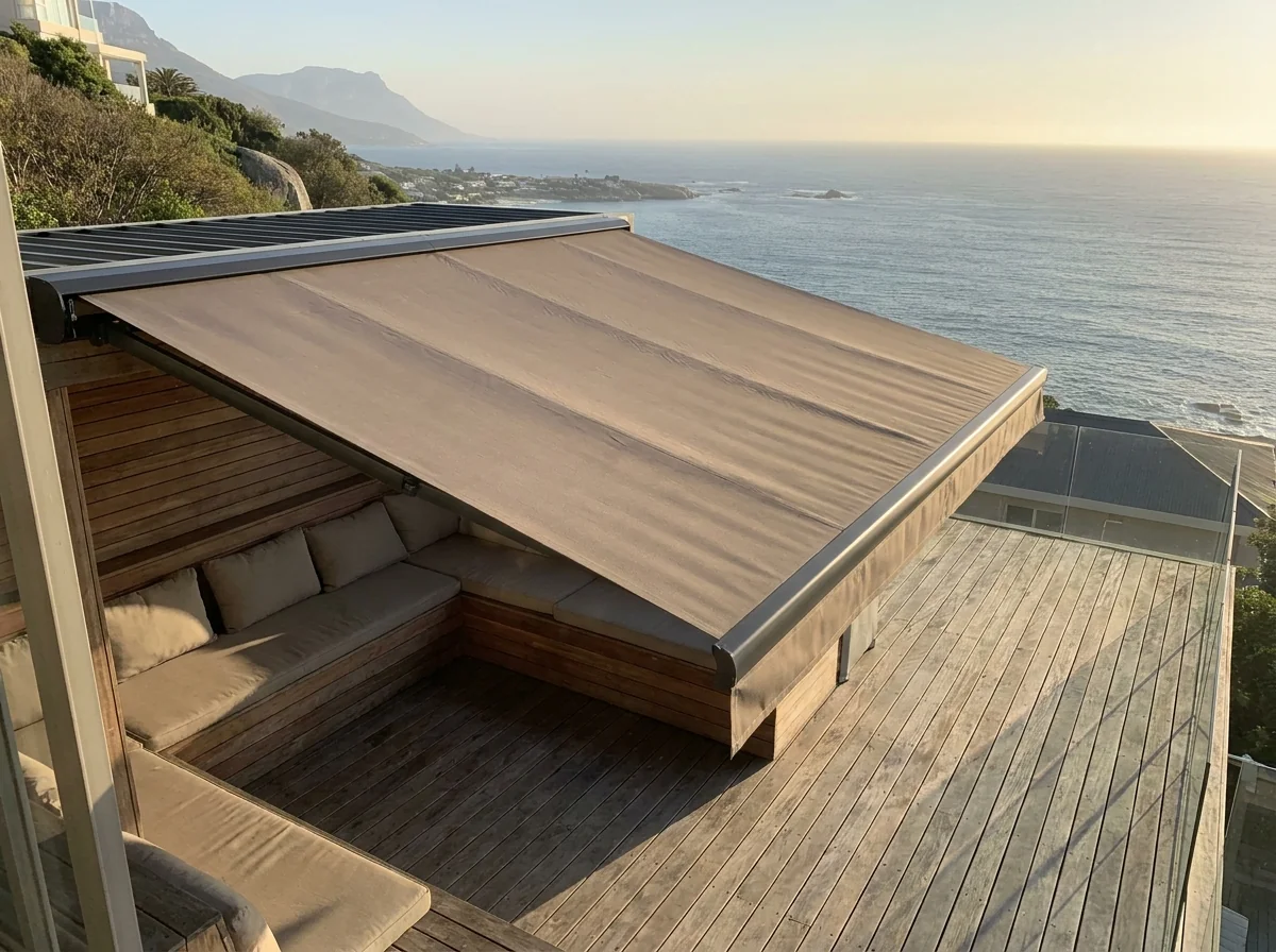 Deck of a Clifton home shaded by a fully extended folding-arm awning