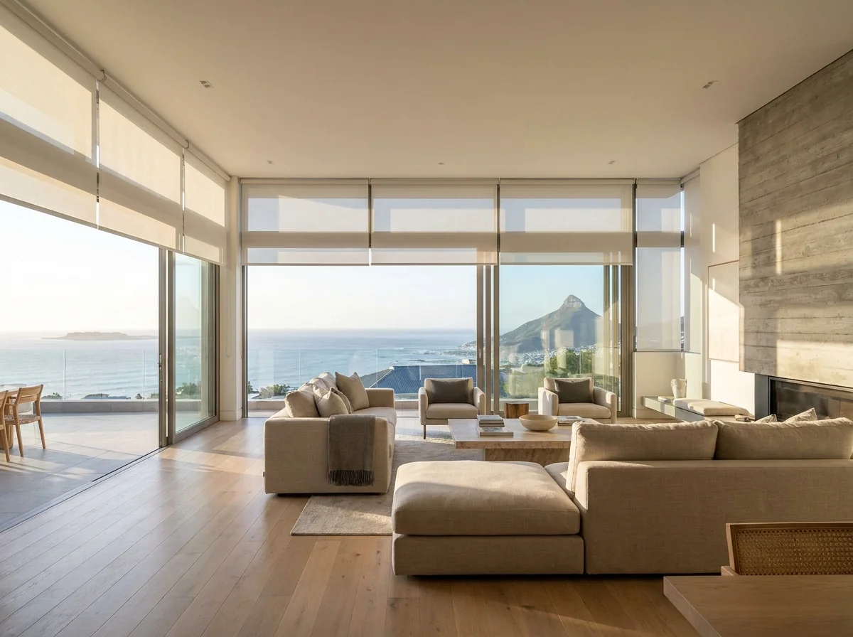 Fresnaye lounge with sunscreen roller blinds part-lowered along the glazing, sea and headland beyond