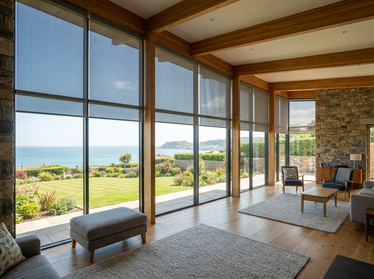 Timber-beamed Llandudno living space with sunscreen roller blinds along the ocean-facing glass