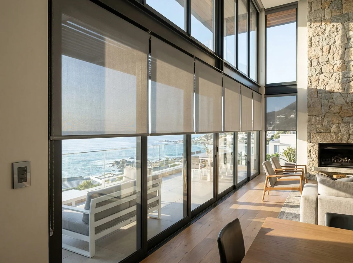 Wide wall of glass in a Clifton home fitted with motorised blinds, partially lowered