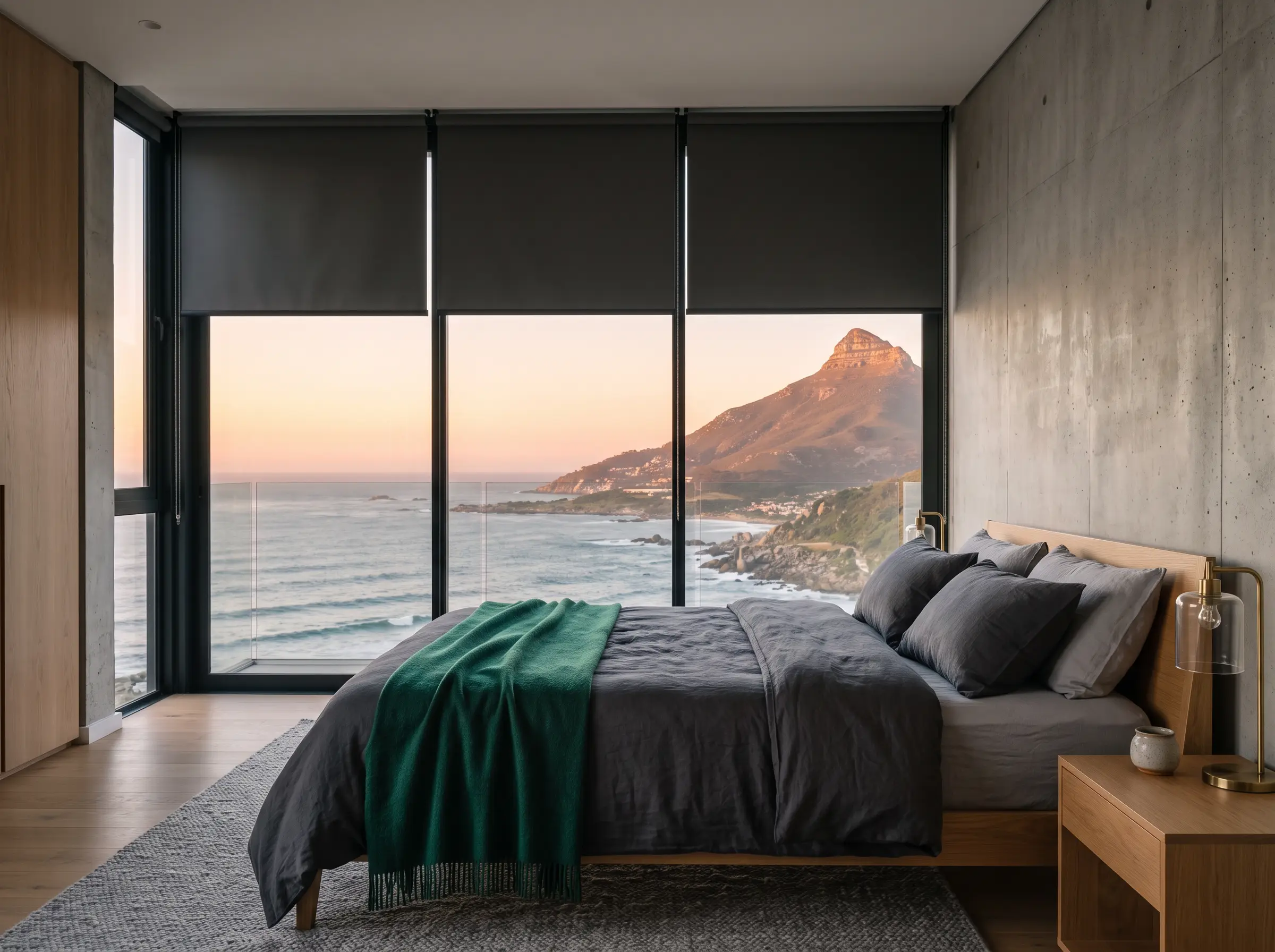 Clifton bedroom held dark by blockout roller blinds dropping from headboxes above the sea-facing glazing