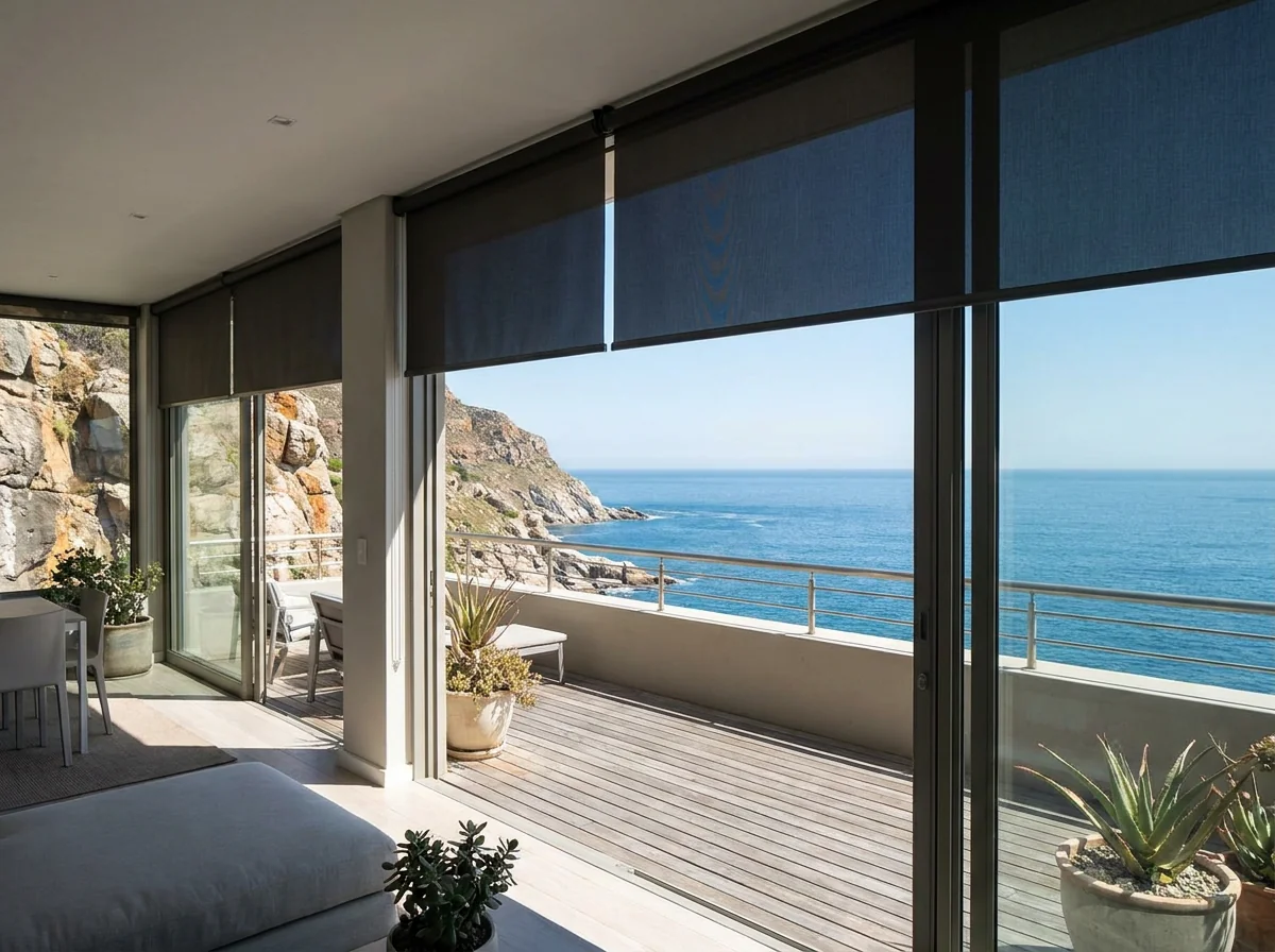 Bantry Bay living room with sunscreen roller blinds above the sliding doors onto a cliff-edge deck