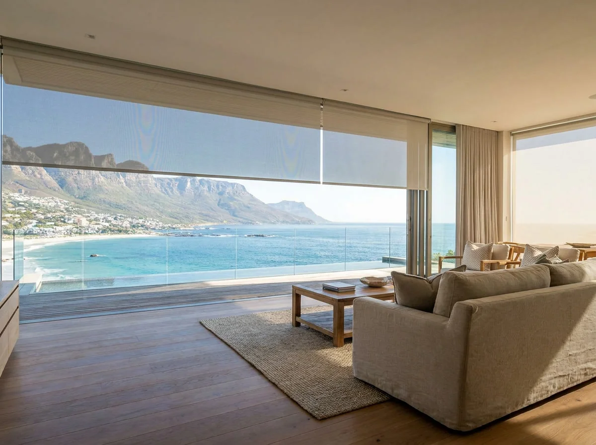 Living room in Camps Bay with a sunscreen roller blind framing the ocean and mountain view