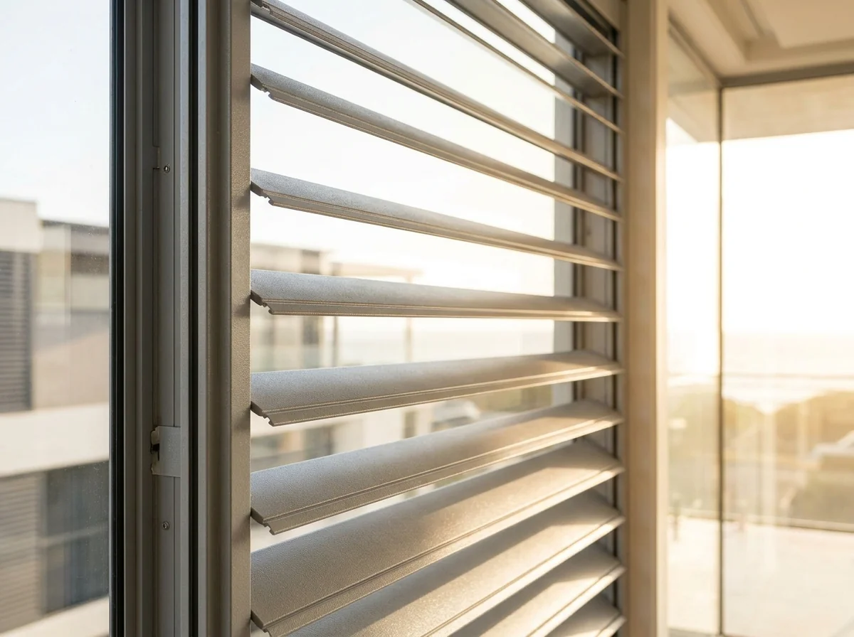 Wide aluminium external venetian slats tilted against low sun on a west-facing Clifton facade