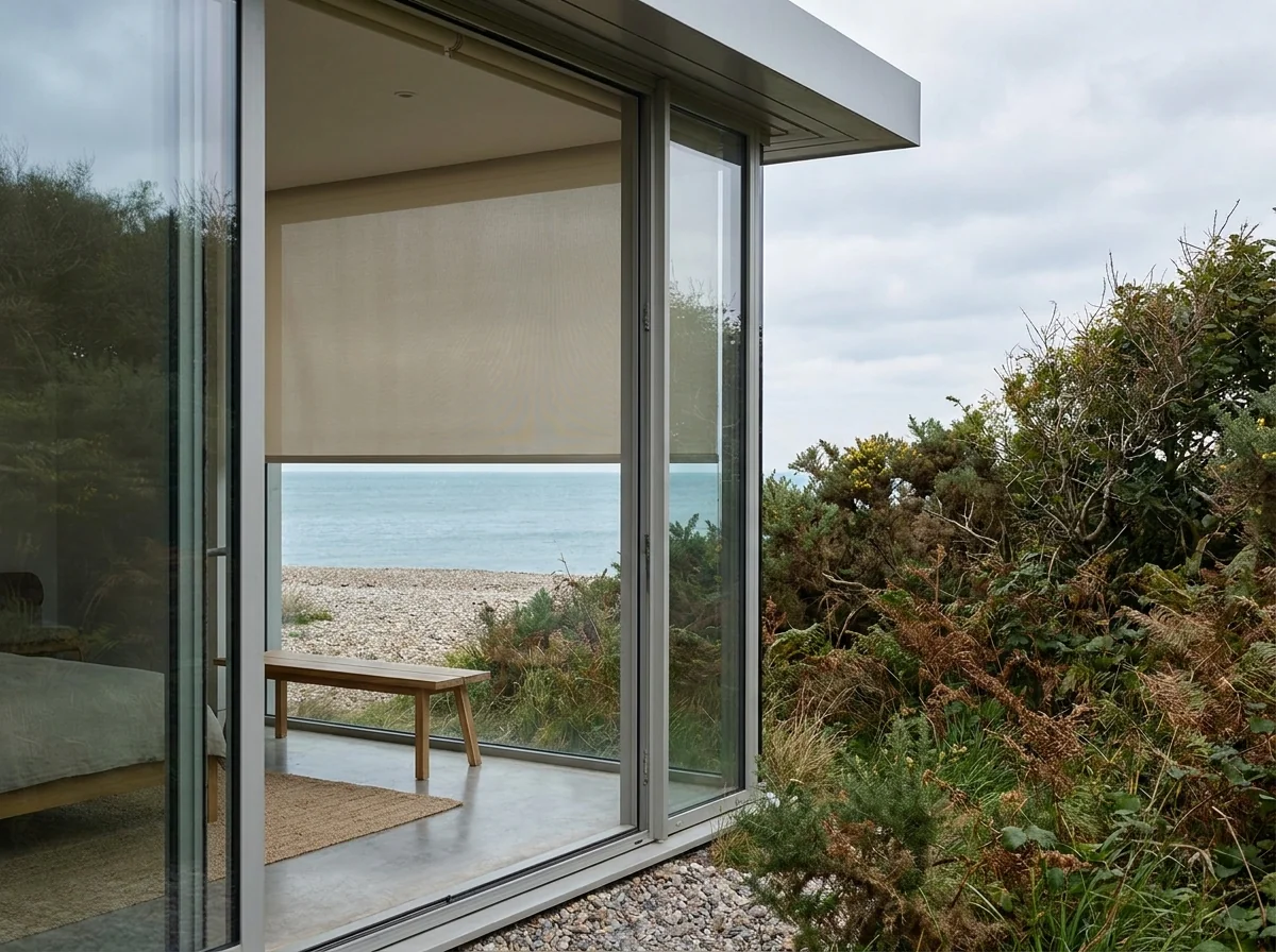 Secluded glass-fronted home in Llandudno facing the beach, fitted with a sunscreen roller blind