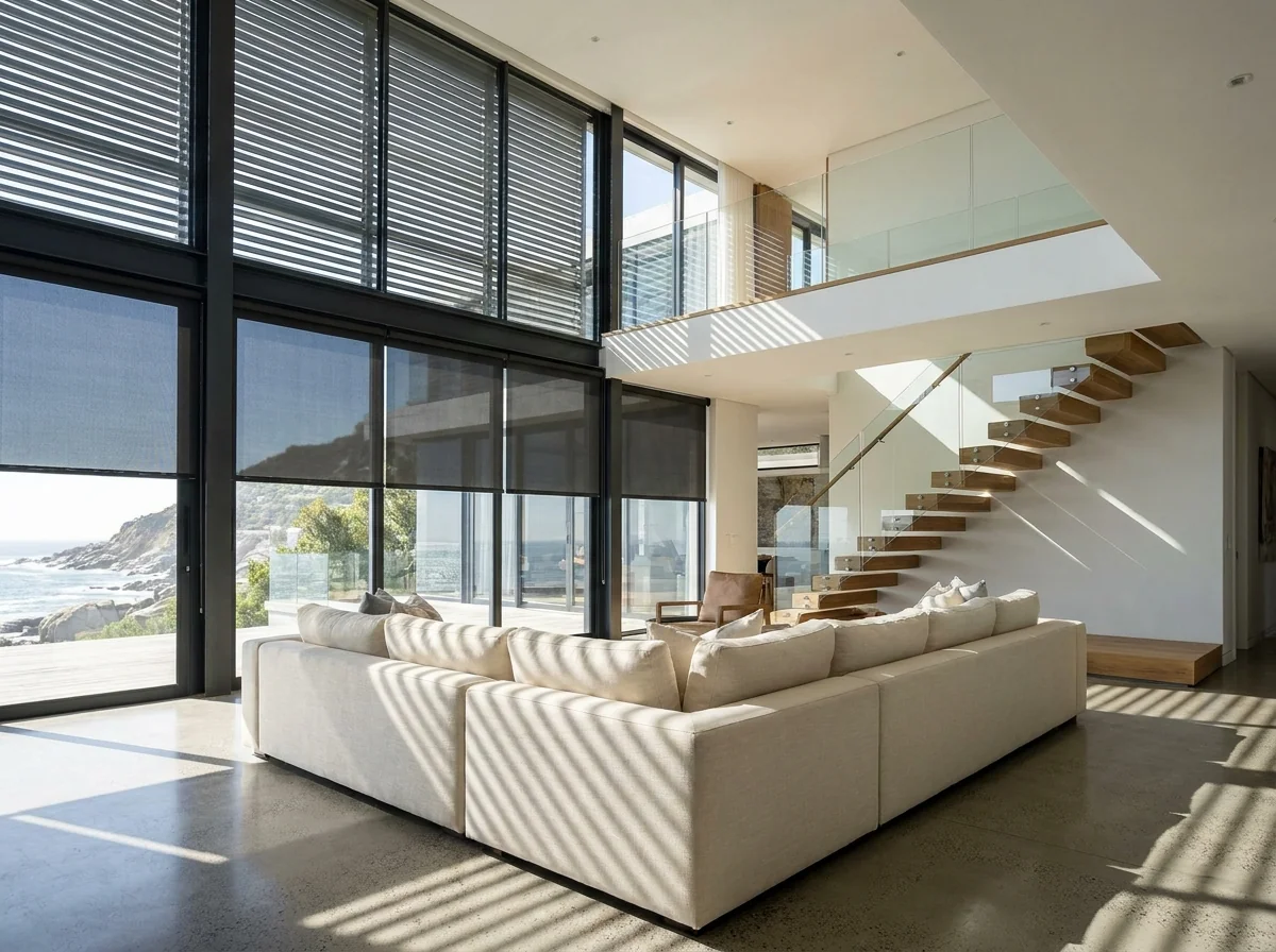 Double-volume Clifton living room with external venetian slats and sunscreen blinds working across the full height of glass