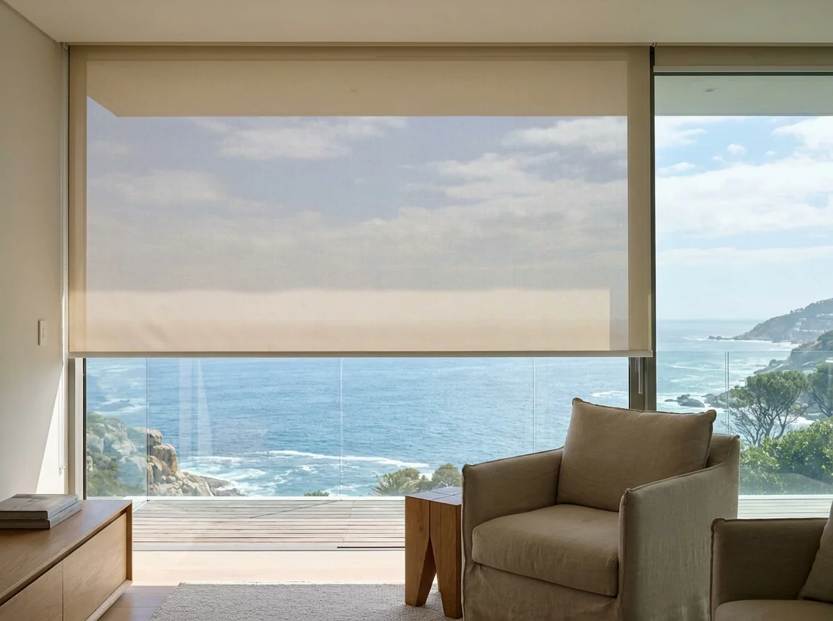 Sunscreen roller blind lowered halfway across a floor-to-ceiling Clifton window, Atlantic beyond