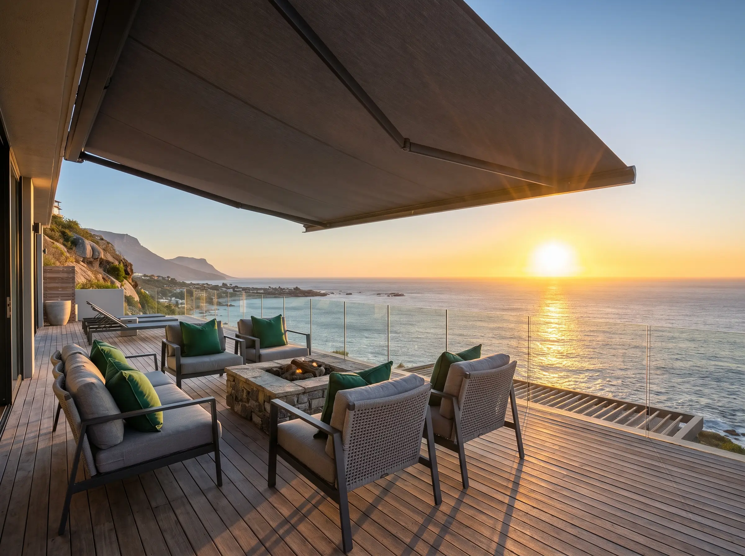 Folding-arm awning extended over a Clifton deck and fire pit, the sun setting over the Atlantic beyond
